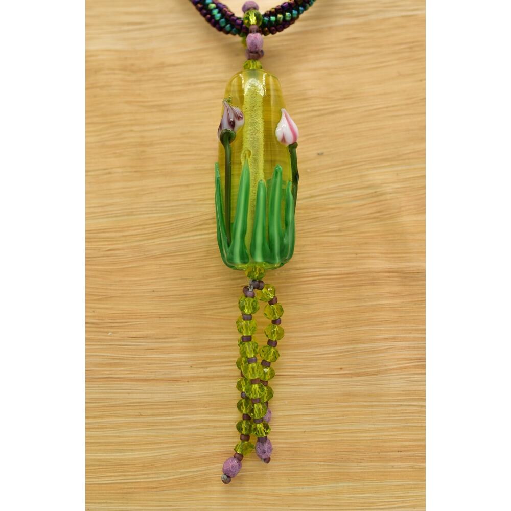Vintage Artisan Blown Glass Tulip Pendant Necklace Flower Multi-Color 80s BinBN